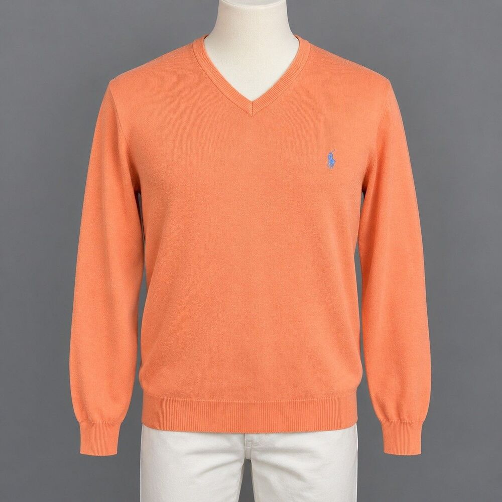 Polo Ralph Lauren Sweater Mens XL Pima Cotton Orange V Neck Pony Logo Pullover